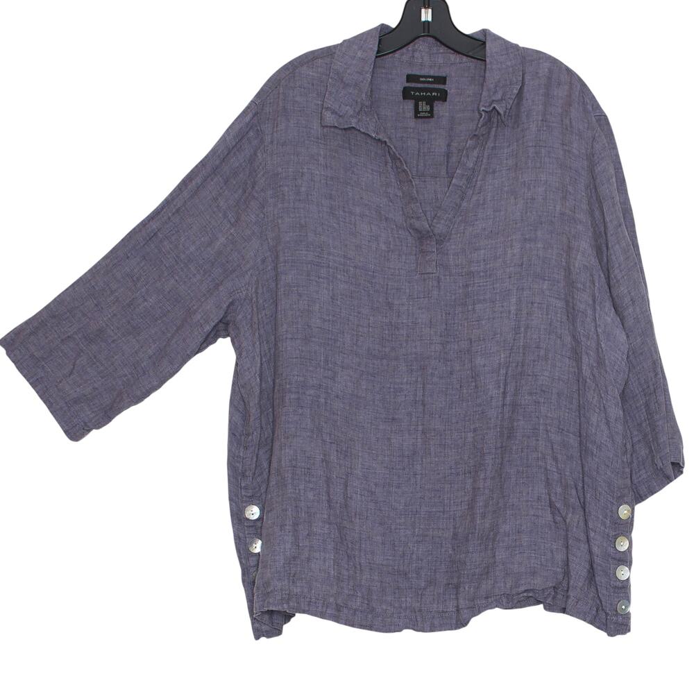 Tahari Linen Top Plus Size 2X 3/4 Sleeve Lagenlook Coastal Minimalist 3/4 Sleeve